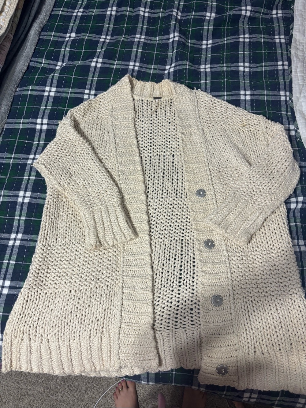 Free People Cream Oversized Chunky Knit Button Cardigan